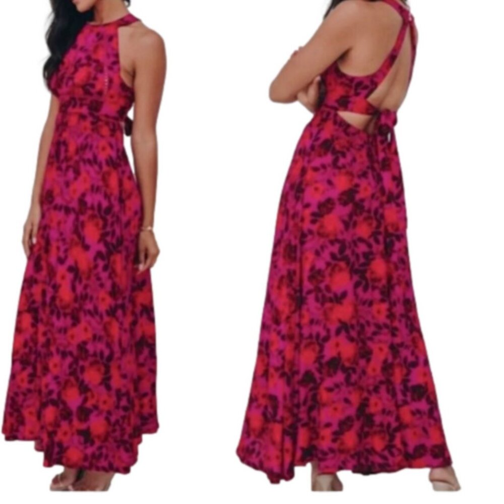 Abel The Label Anthropologie Backless Halter Pink Red Floral Maxi Dress Size M
